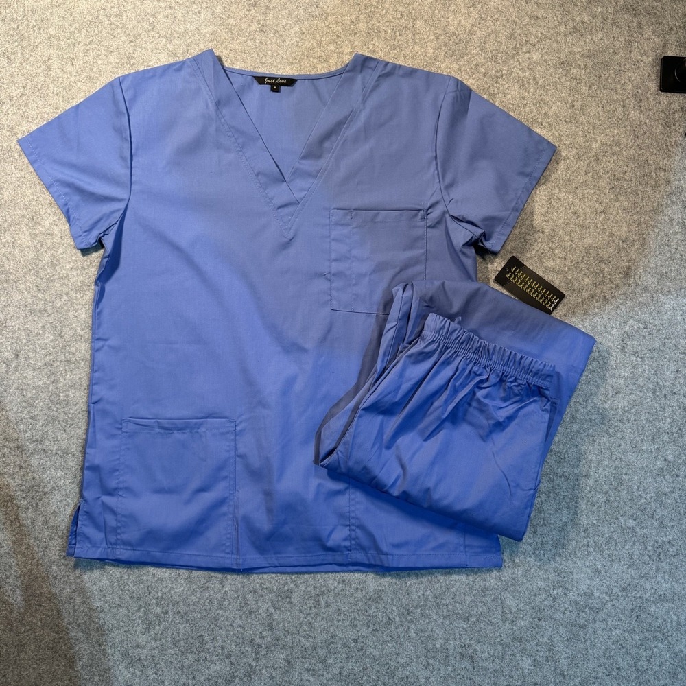 Just Love Womens Scrub Set Ceil Blue V-Neck Top & Cargo Pants Size M NWT